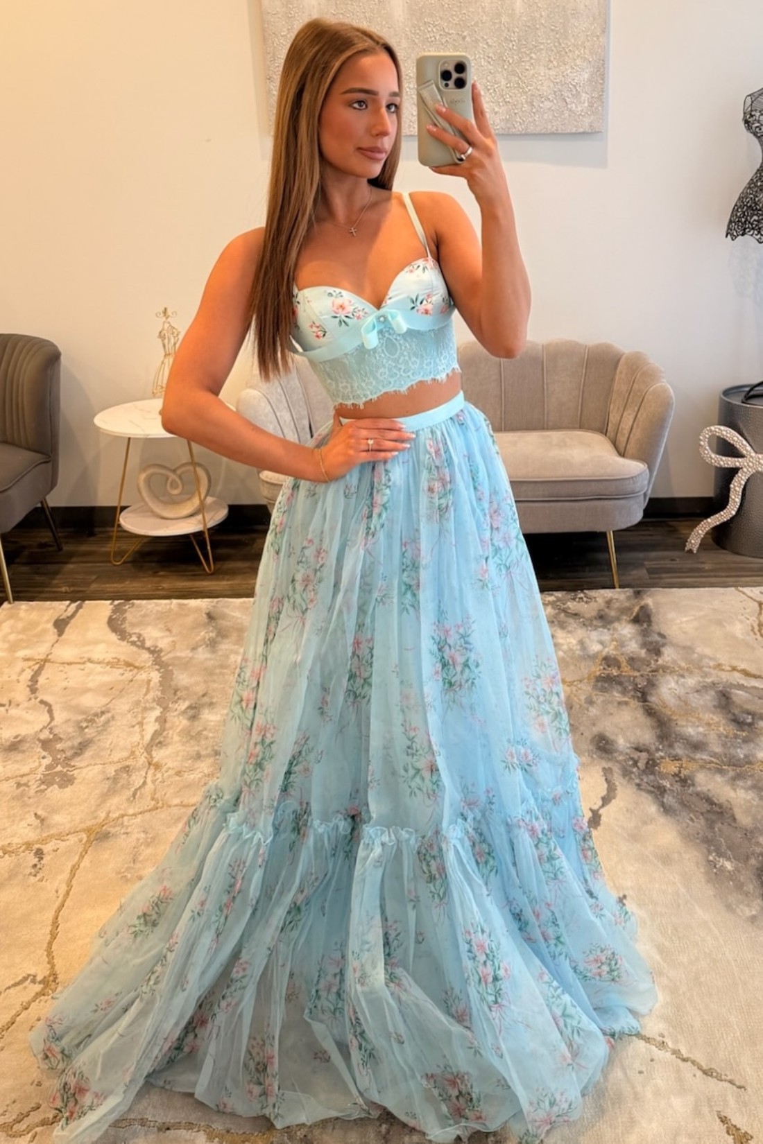 A-line Floral Sweetheart Two Piece Prom Dress