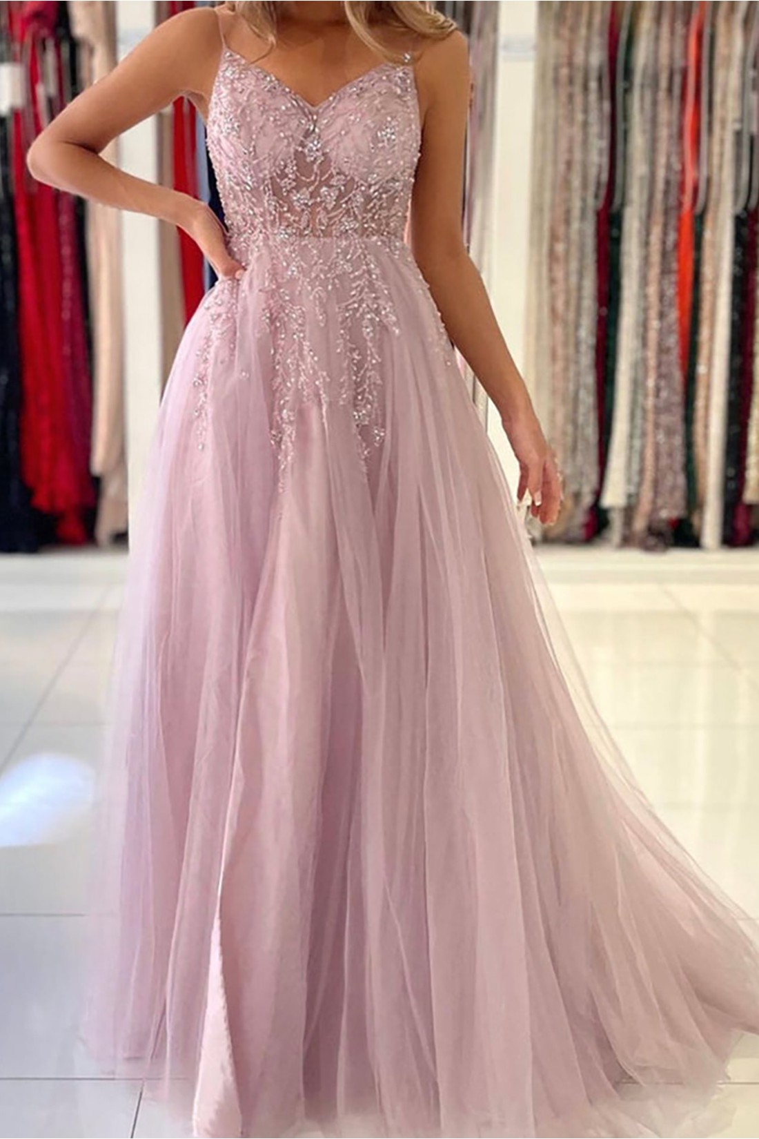 Long A-line V-neck Tulle Formal Prom Dresses with Split