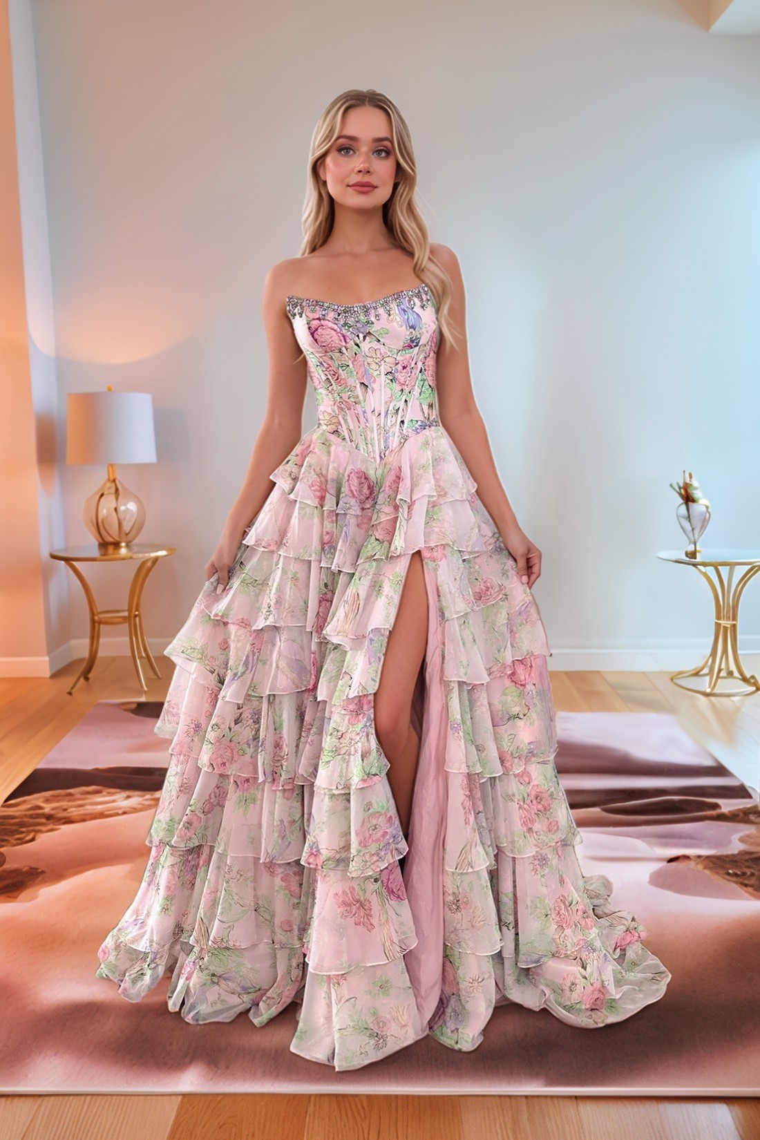 A line Floral Printed Strapless Prom Dress With Slit