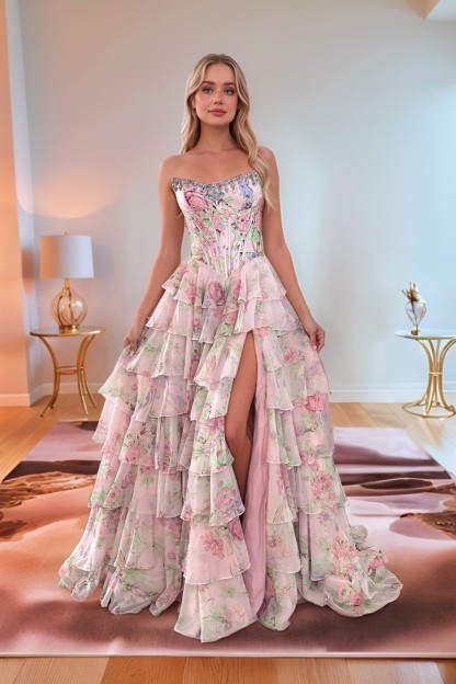 A line Floral Printed Strapless Prom Dress With Slit