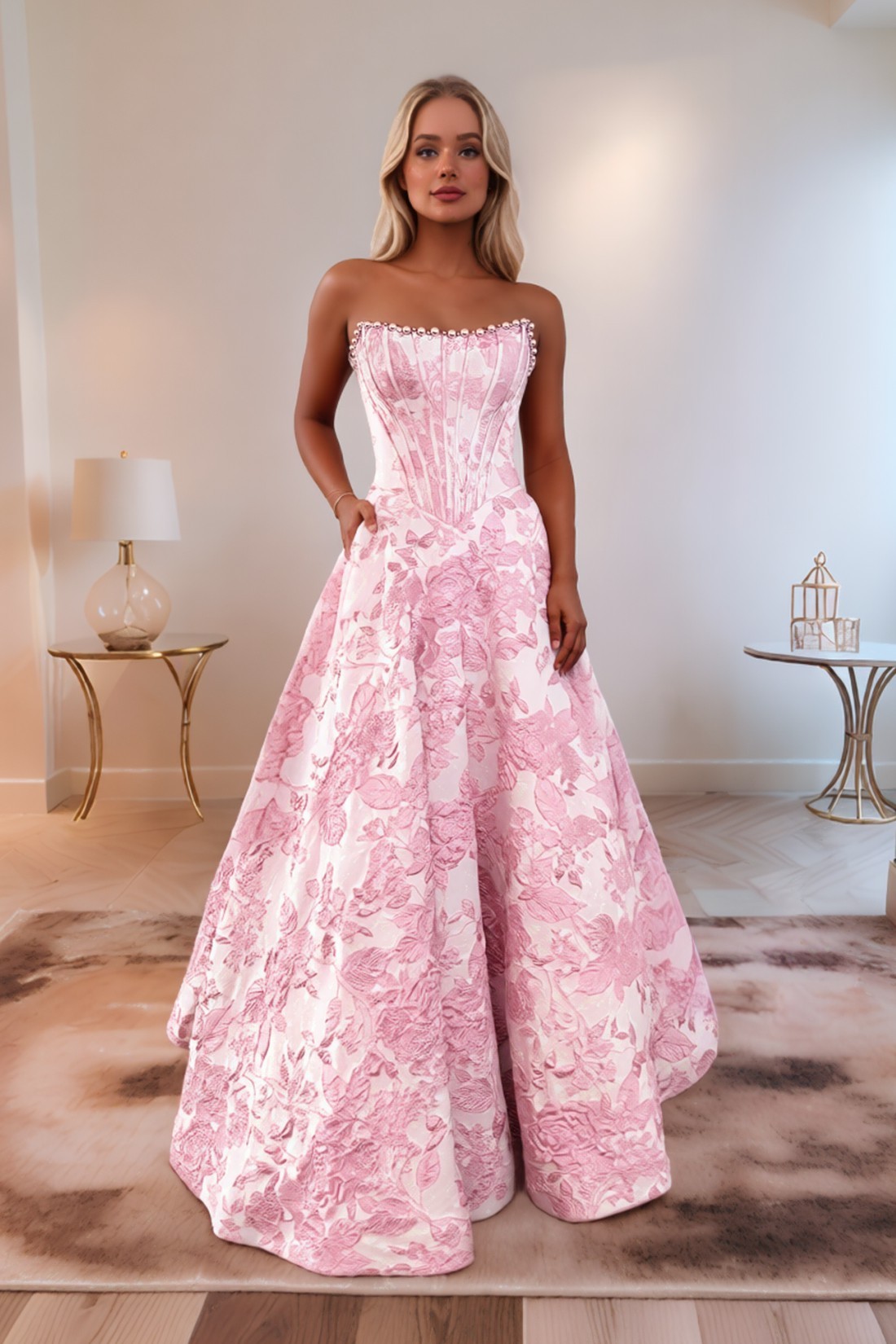 Strapless A line 3D Floral Long Prom Dress