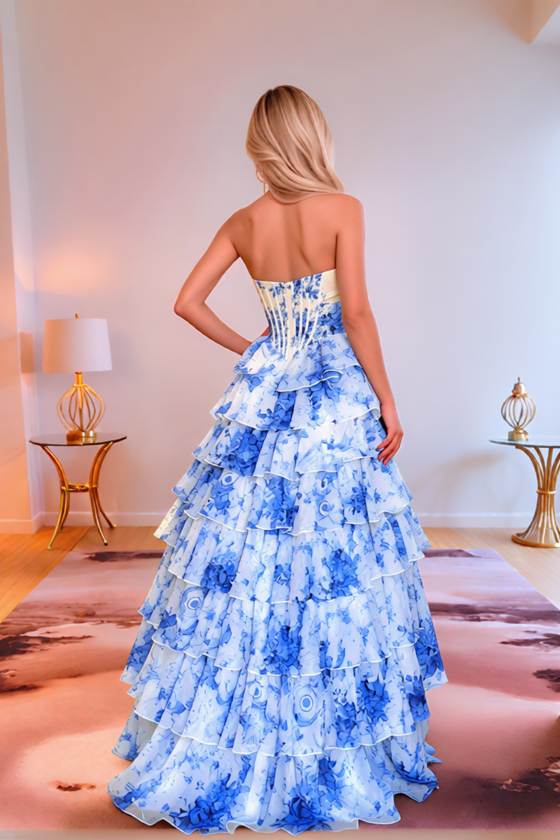 Sweetheart Strapless Silk Chiffon Corset Floral Prom Dress