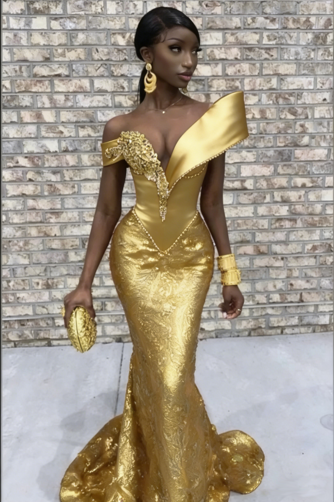 Burgundy Mermaid V-neck Long Tulle Prom Dress with Gold Appliques Lace