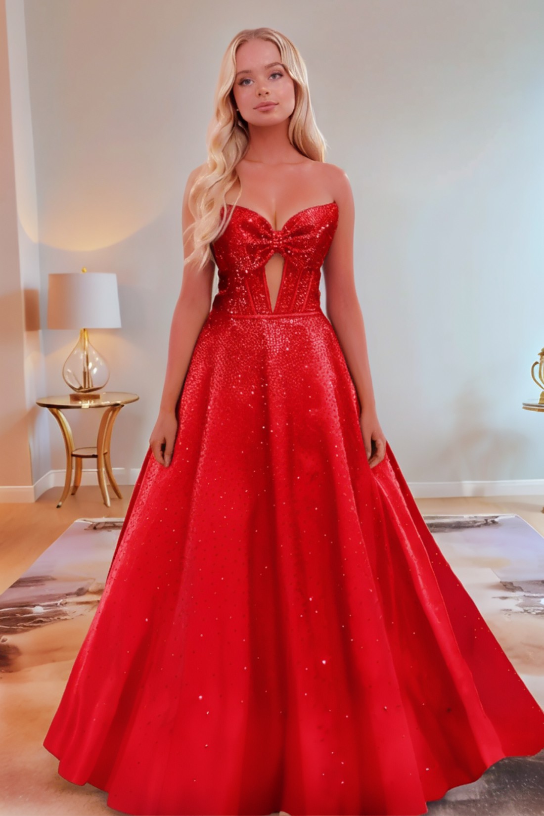 A line Satin Sweetheart Strapless Keyholes Prom Dress With Glitter Beading