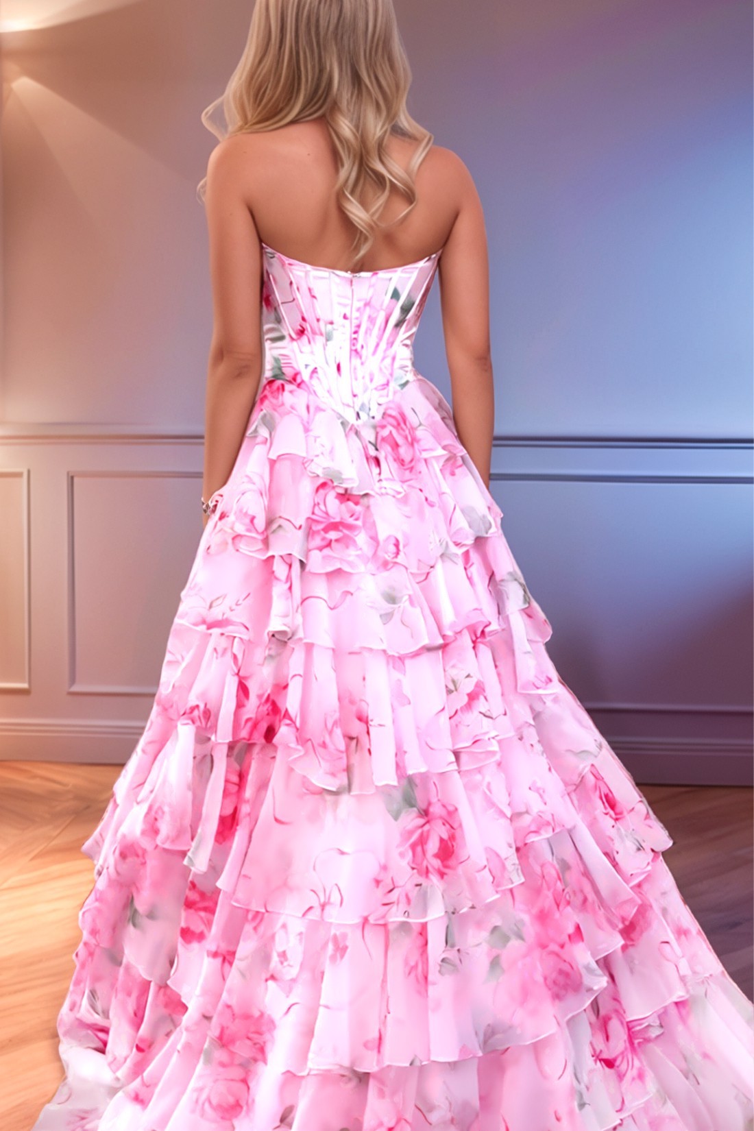 A line Floral Tiered Strapless Sweetheart Long Prom Dress