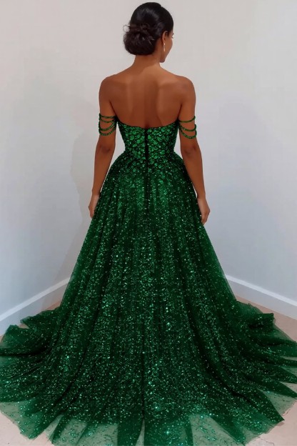 Sparkly Long A-line Sweetheart Sleeveless Sequined Evening Prom Dress