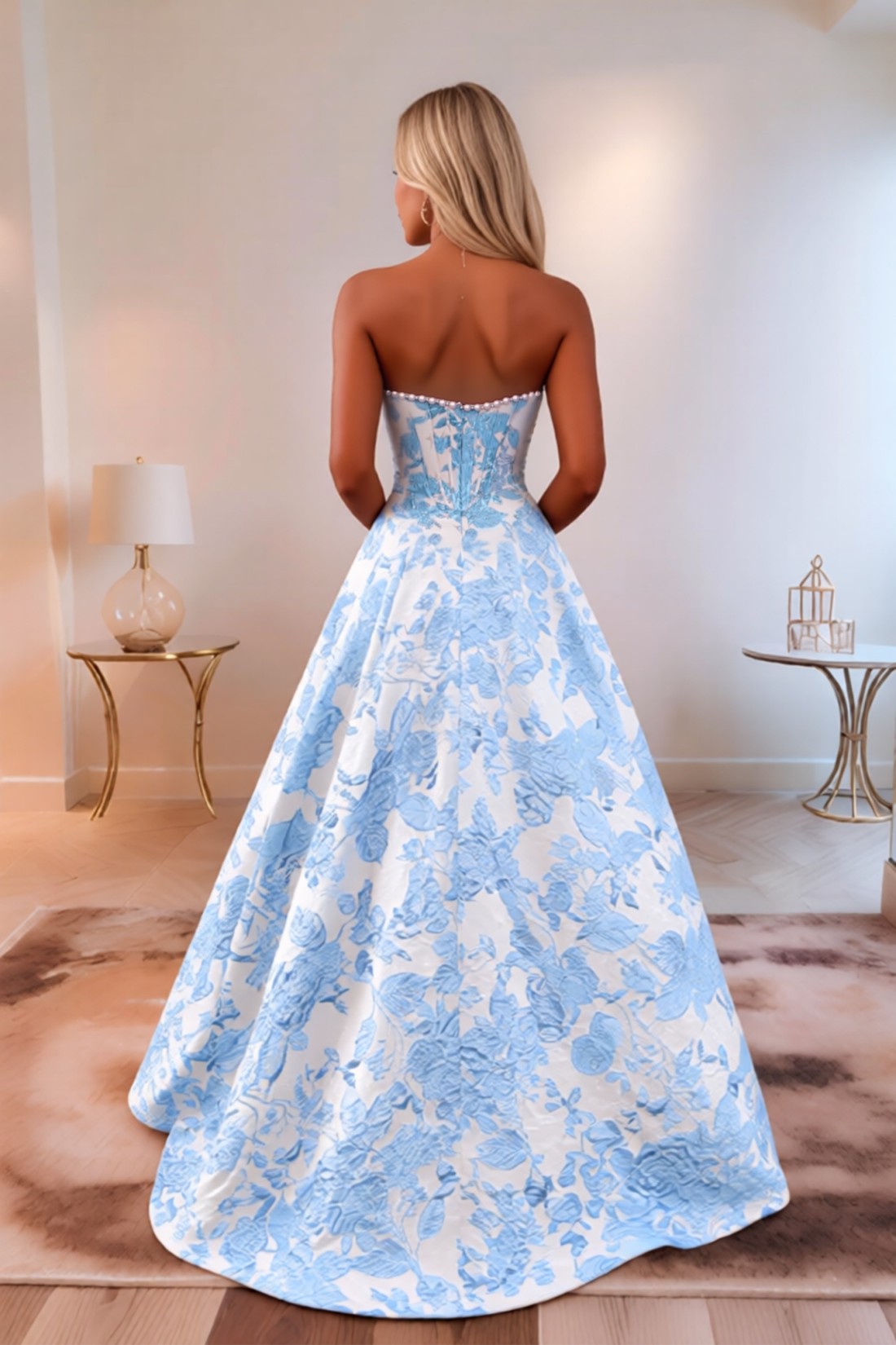 Strapless A line 2.5D Floral Long Prom Dress With Pearls