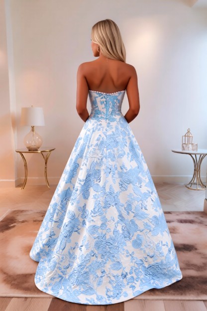 Strapless A line 2.5D Floral Long Prom Dress With Pearls