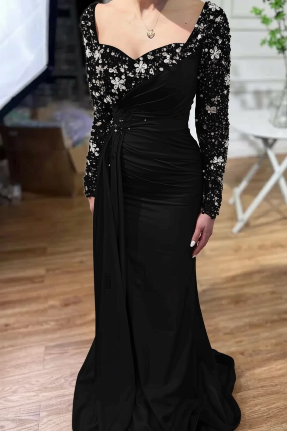 Champagne Long Mermaid Sweetheart Satin Sleeves Formal Prom Dress with Pearls