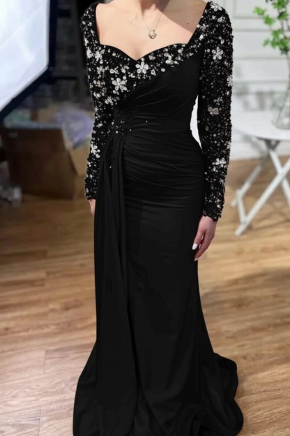 Champagne Long Mermaid Sweetheart Satin Sleeves Formal Prom Dress with Pearls