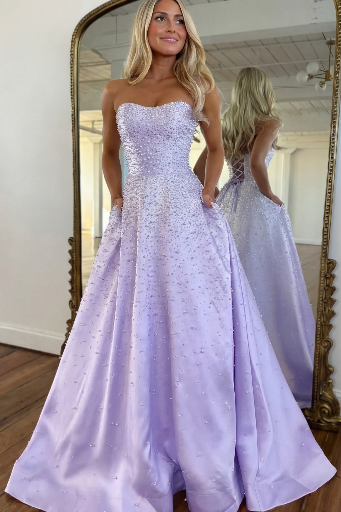 A-line Strapless Sweetheart Long Prom Dress With Pearls