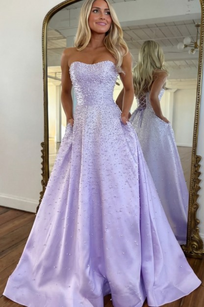 A-line Strapless Sweetheart Long Prom Dress With Pearls