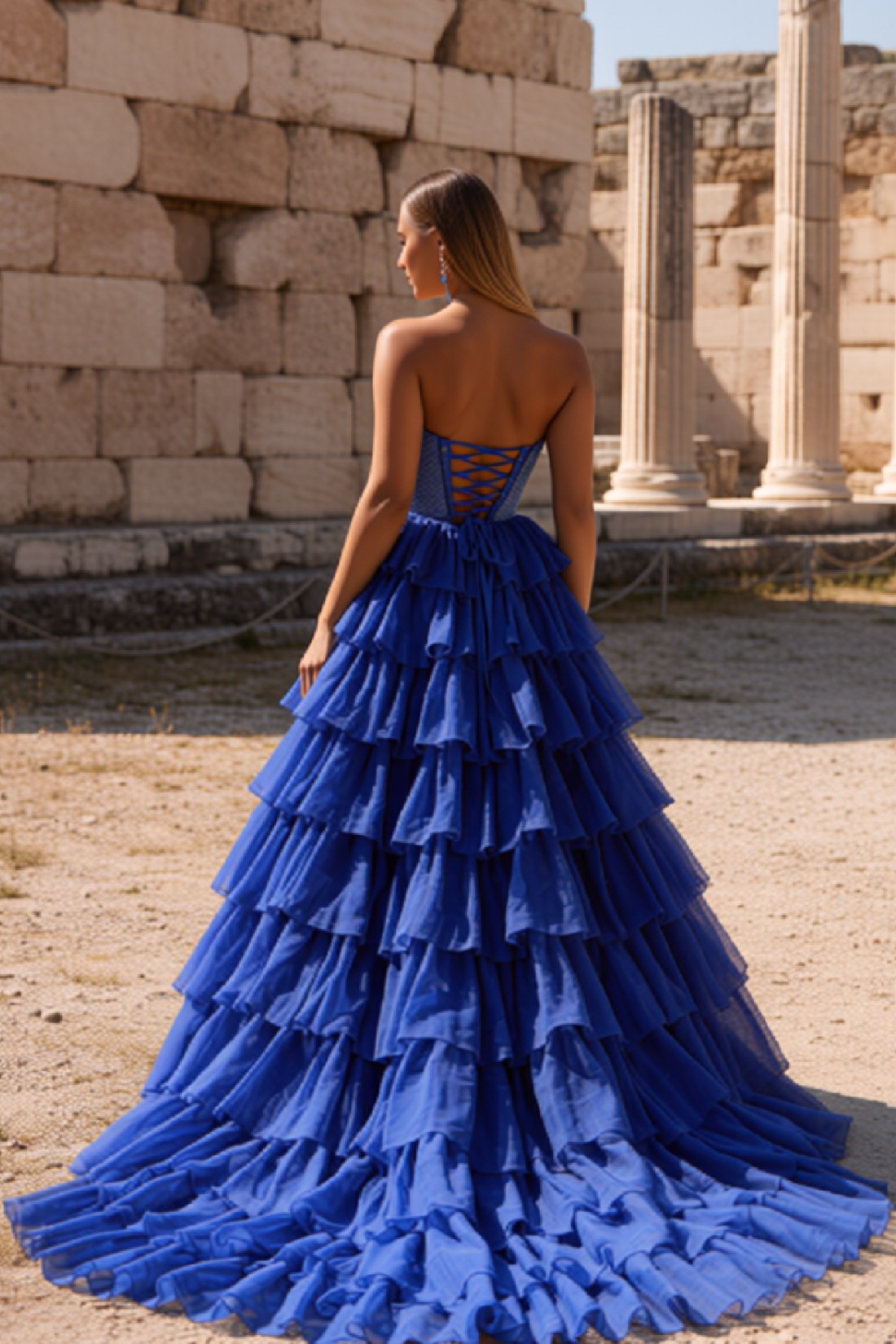 A line Corset Tiered Strapless Long Prom Dress With Beads