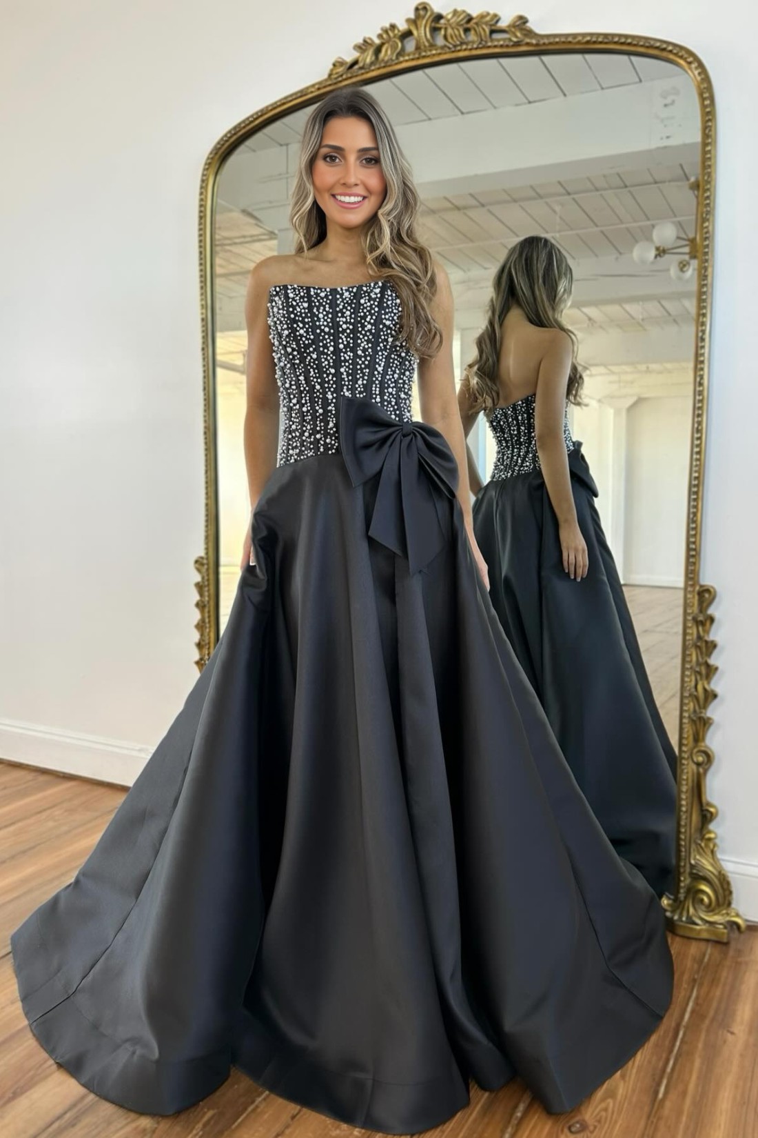 2026 A-line Strapless Long Prom Dress With Pearls