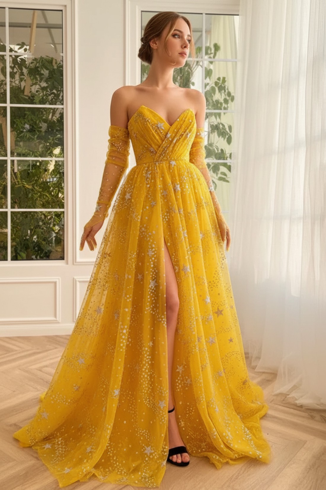 Long A-line V-neck Tulle Formal Prom Dresses with Split Front