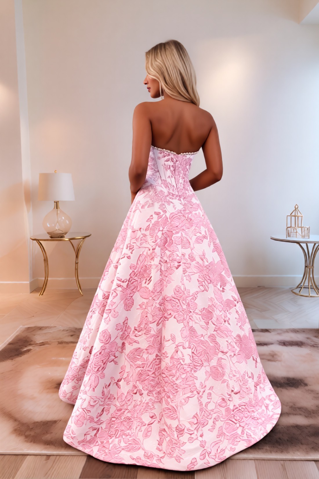 Strapless A line 3D Floral Long Prom Dress