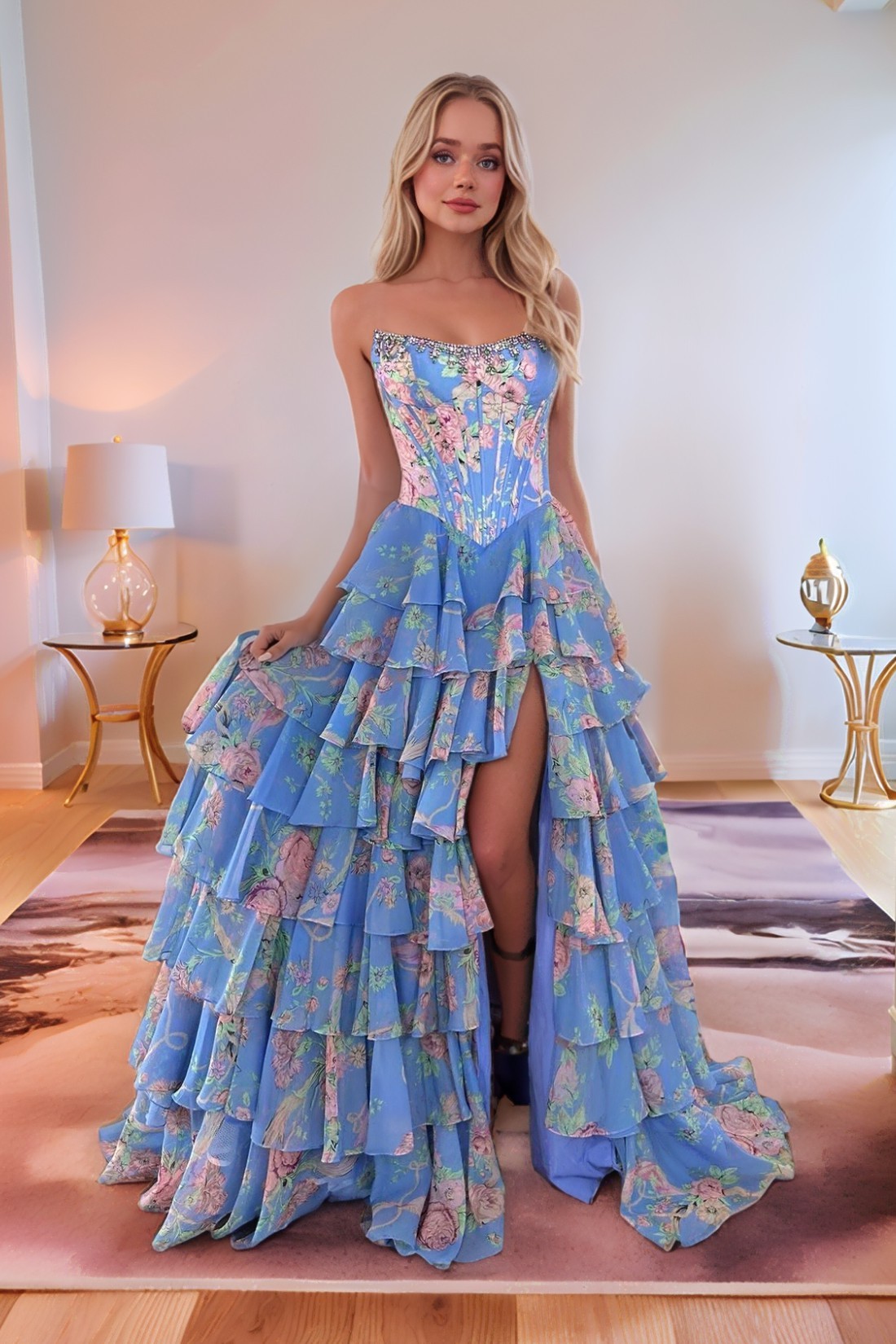 A line Floral Printed Strapless Prom Dress With Slit