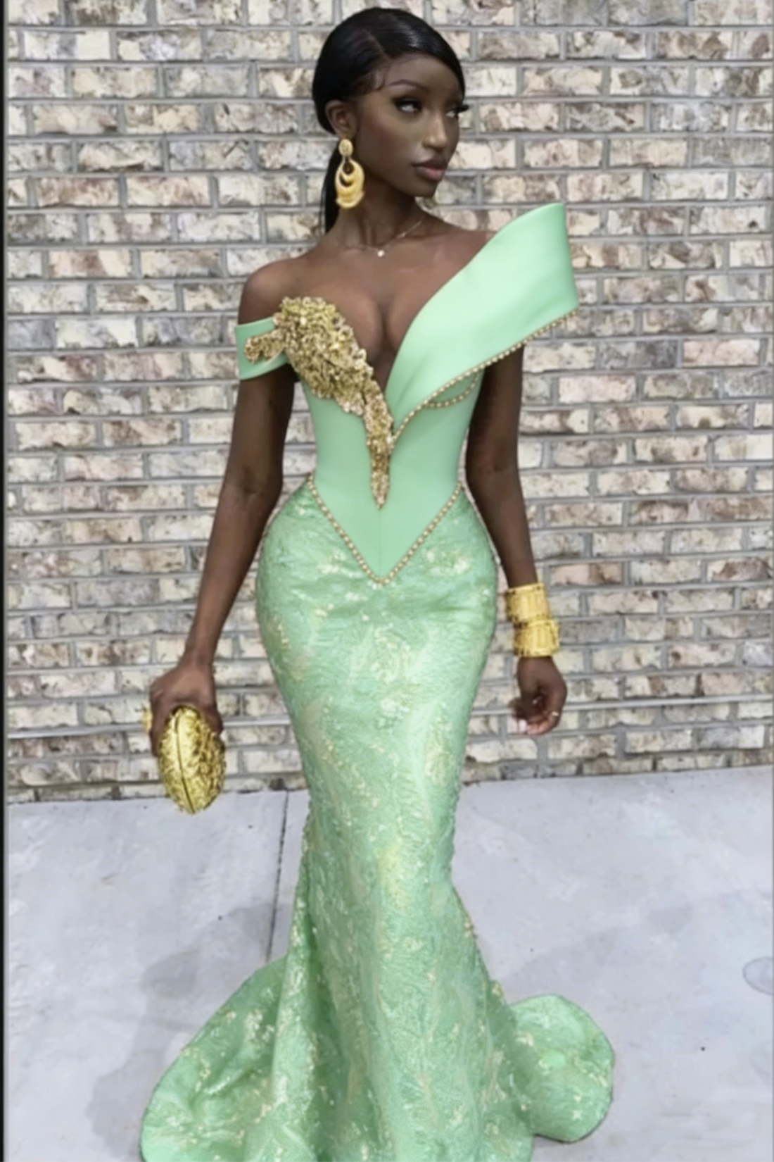 Burgundy Mermaid V-neck Long Tulle Prom Dress with Gold Appliques Lace