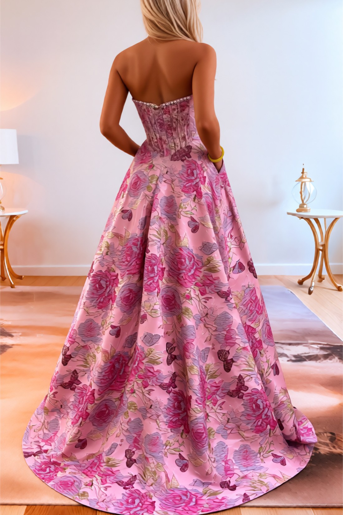 Strapless A line 3D Floral Long Prom Dress
