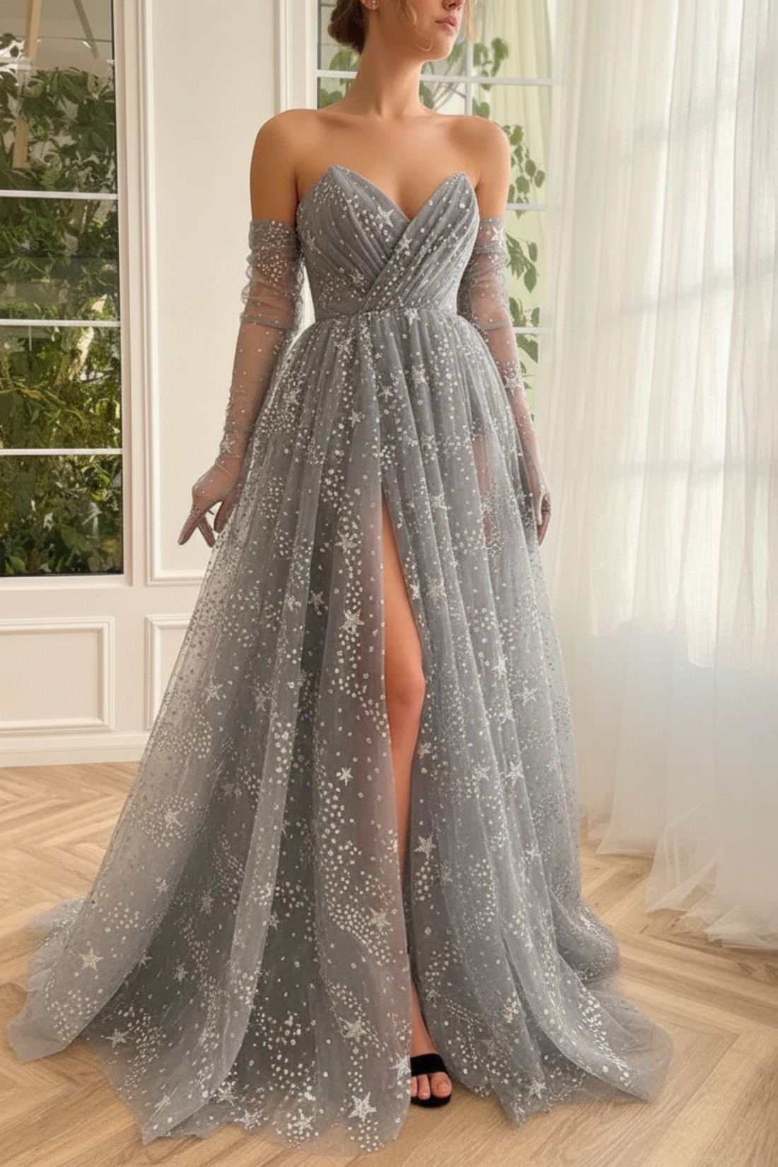 Long A-line V-neck Tulle Formal Prom Dresses with Split Front