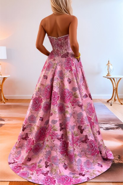 Strapless A line 3D Floral Long Prom Dress