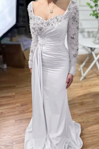 Champagne Long Mermaid Sweetheart Satin Sleeves Formal Prom Dress with Pearls