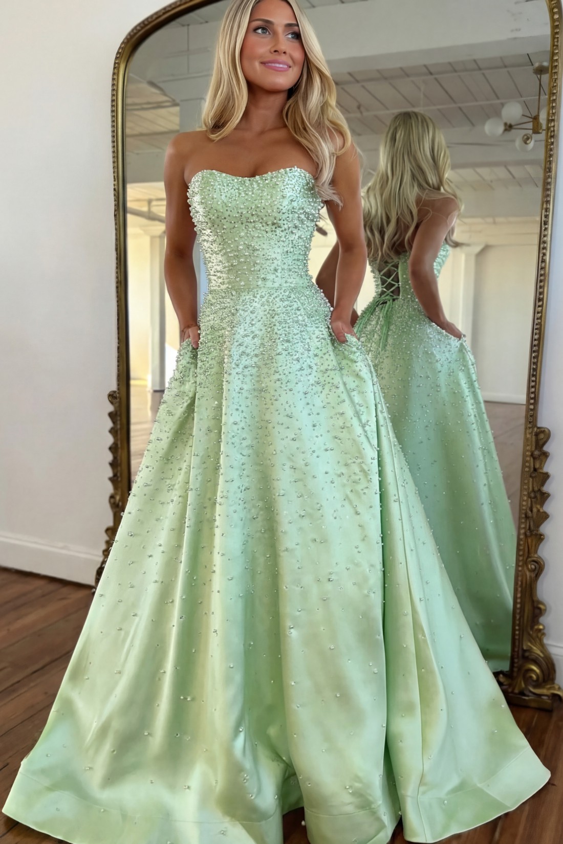 A-line Strapless Sweetheart Long Prom Dress With Pearls