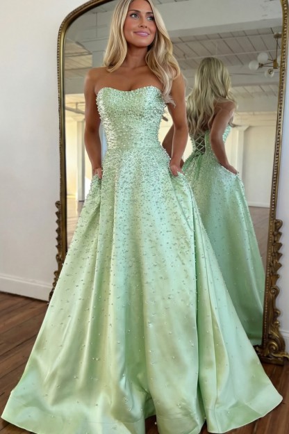 A-line Strapless Sweetheart Long Prom Dress With Pearls