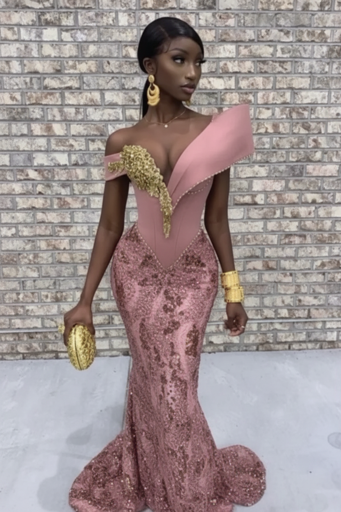 Burgundy Mermaid V-neck Long Tulle Prom Dress with Gold Appliques Lace