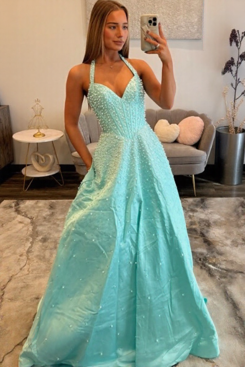 A-line Halter Sweetheart Long Prom Dress With Beads
