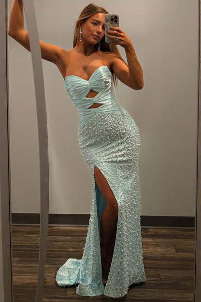 Elegant Mermaid Keyholes Long Prom Dress With Pearls