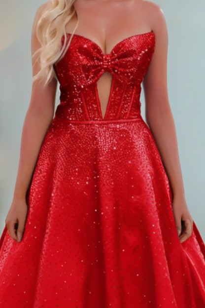 A line Satin Sweetheart Strapless Keyholes Prom Dress With Glitter Beading