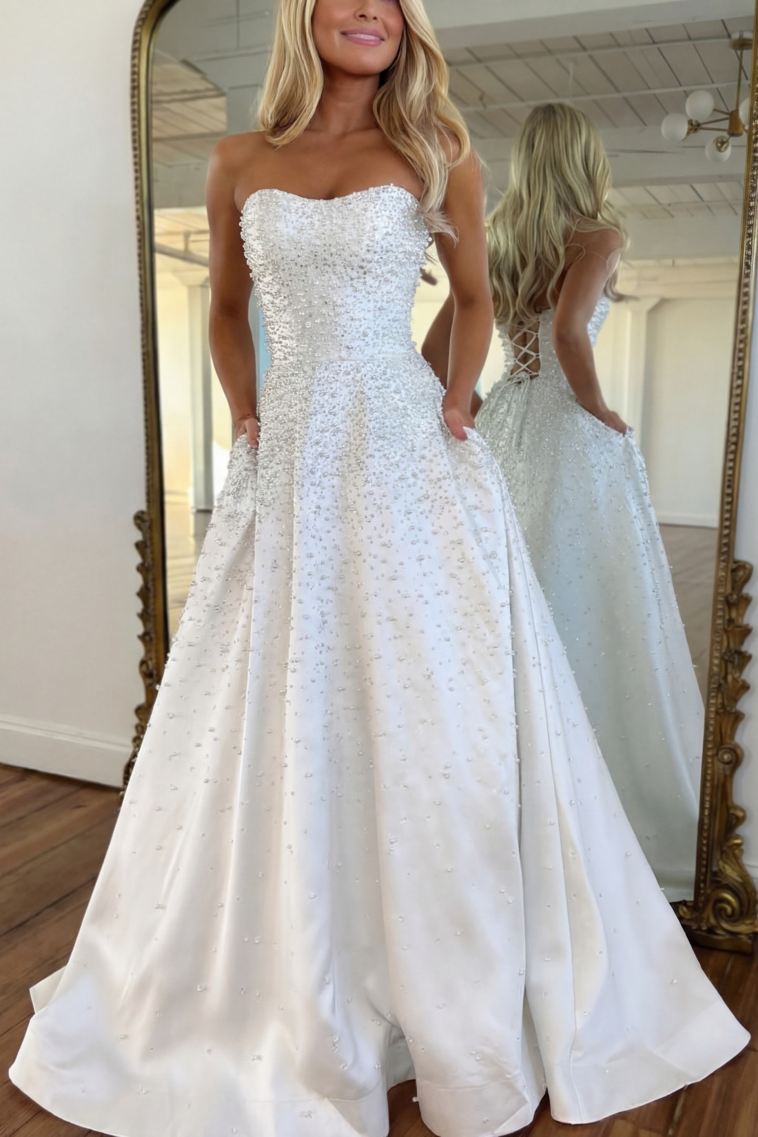 A-line Strapless Sweetheart Long Prom Dress With Pearls