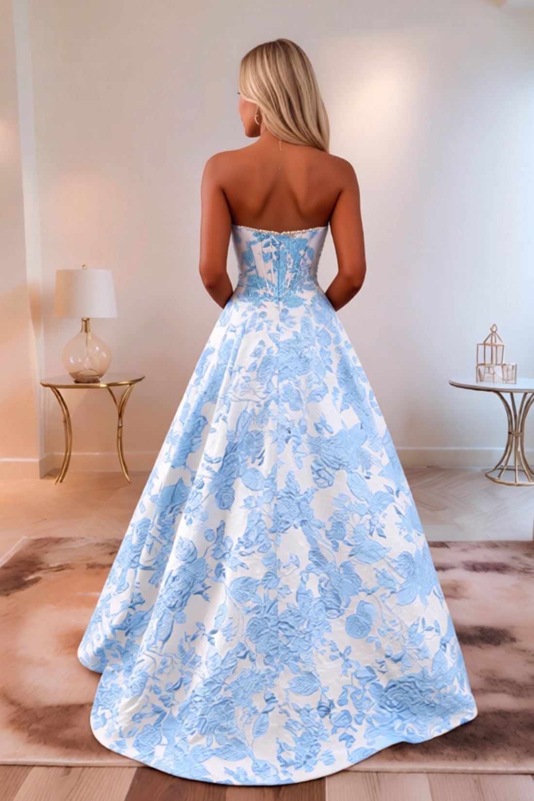 Strapless A line 3D Floral Long Prom Dress