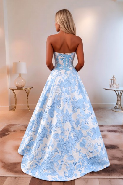 Strapless A line 3D Floral Long Prom Dress