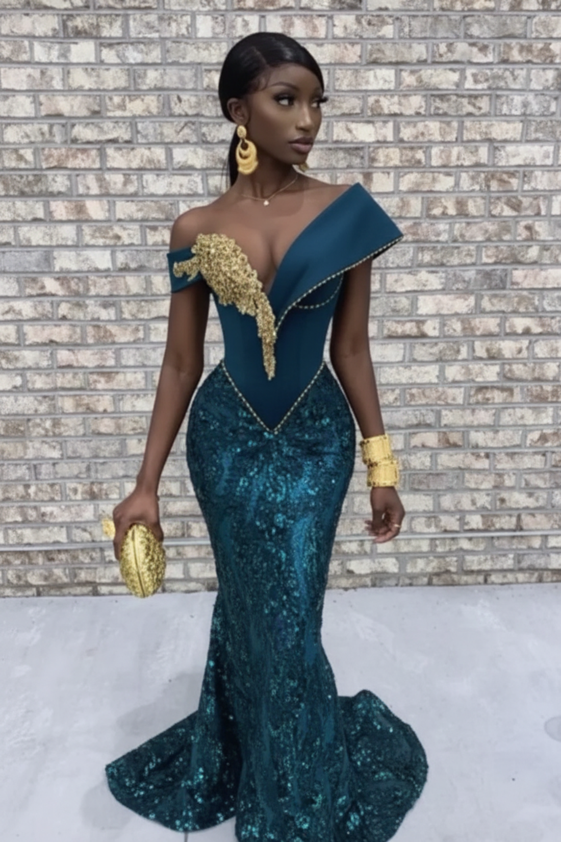 Burgundy Mermaid V-neck Long Tulle Prom Dress with Gold Appliques Lace