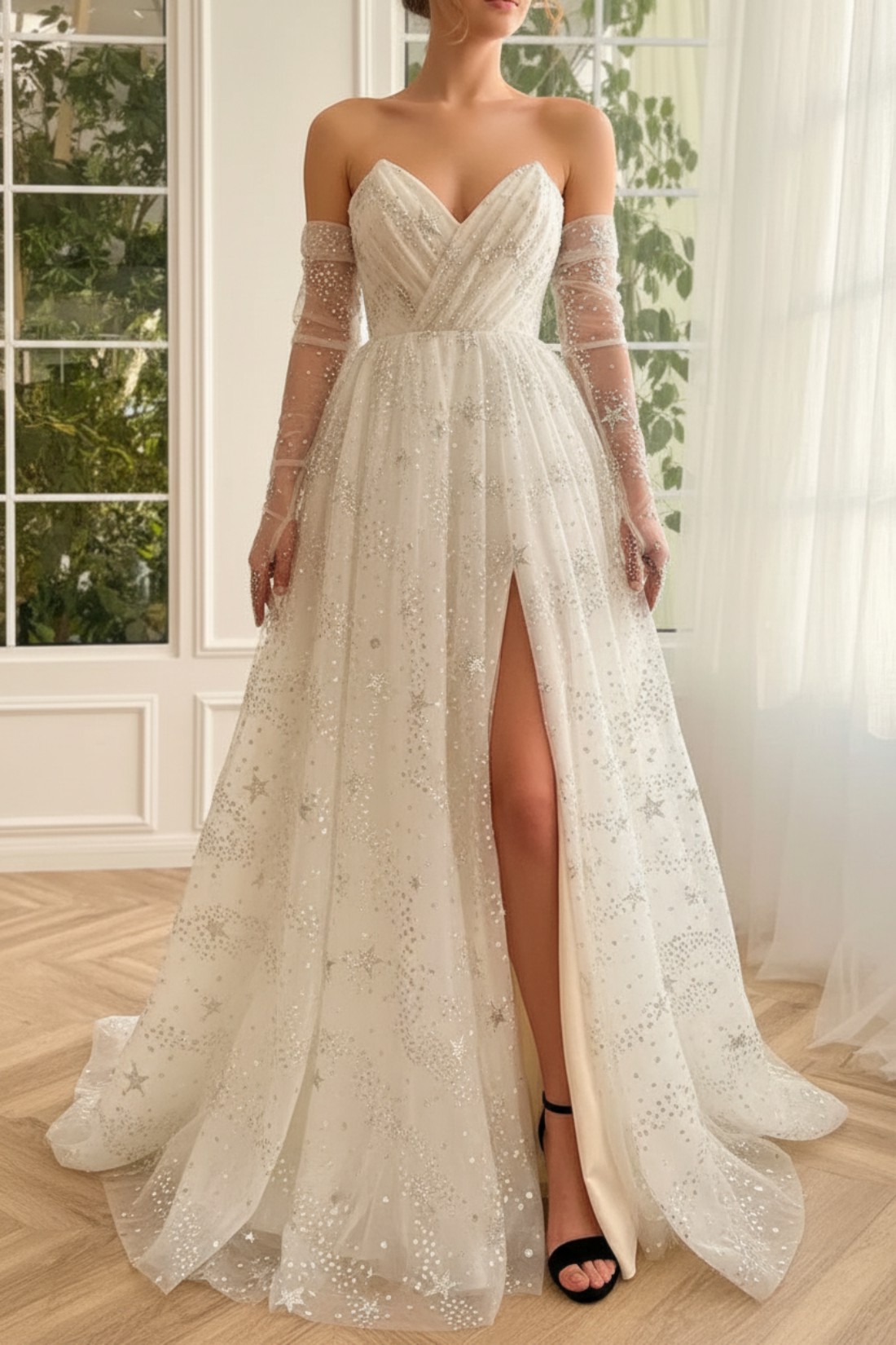 Long A-line V-neck Tulle Formal Prom Dresses with Split Front