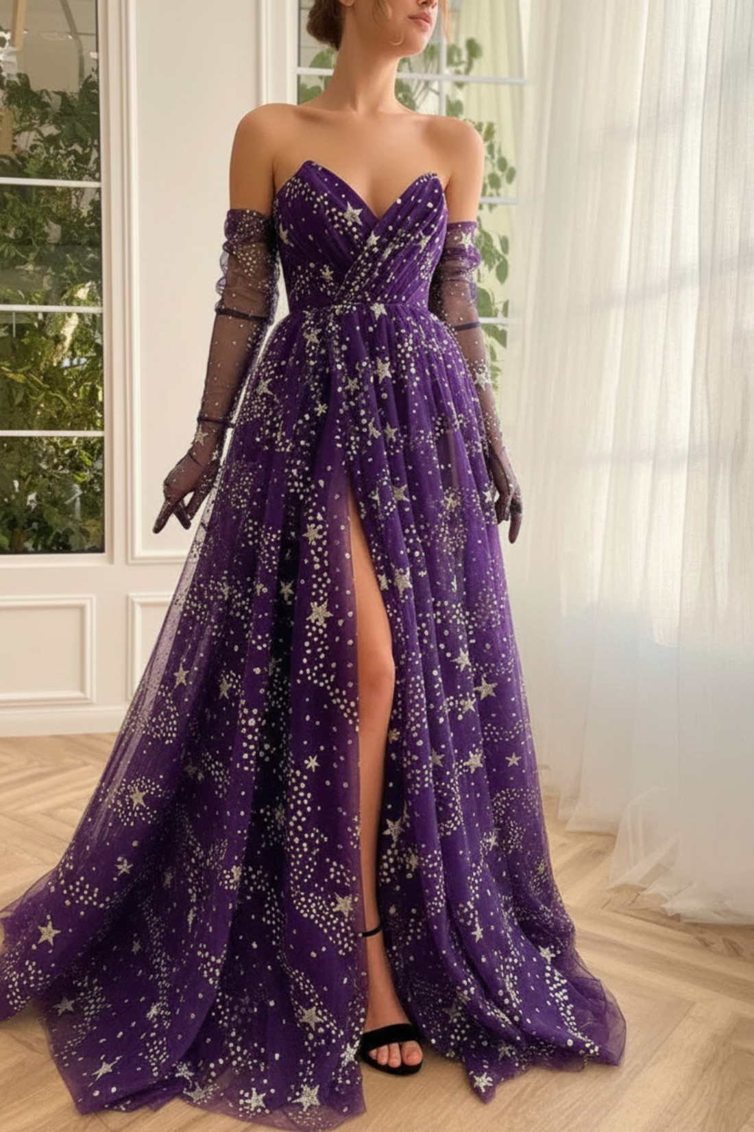 Long A-line V-neck Tulle Formal Prom Dresses with Split Front