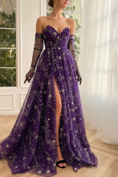 Long A-line V-neck Tulle Formal Prom Dresses with Split Front