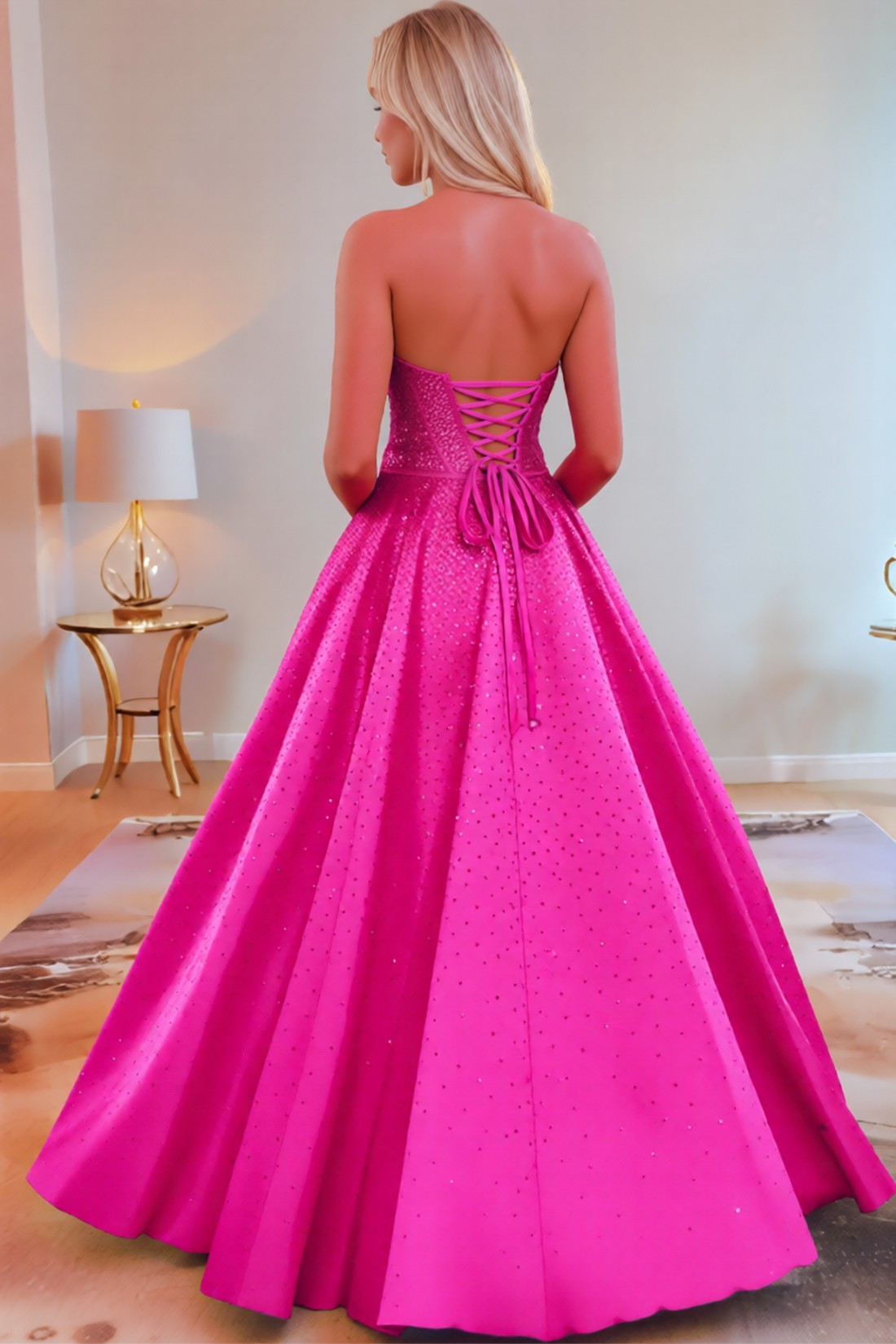 A line Satin Sweetheart Strapless Keyholes Prom Dress With Glitter Beading