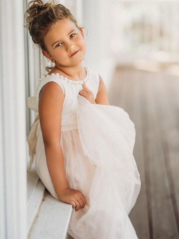 Ivory Satin Tulle Sleeveless Flower Girl Dress Formal Kids Dress for Party - YESBABYONLINE
