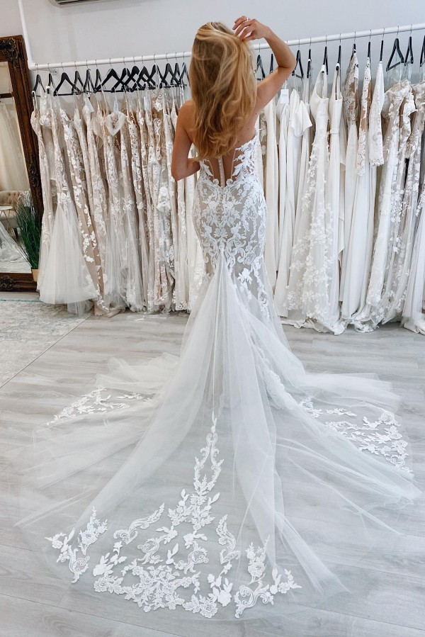 Long Mermaid Off the Shoulder Floor Length Tulle Lace Backless Wedding Dress - YESBABYONLINE