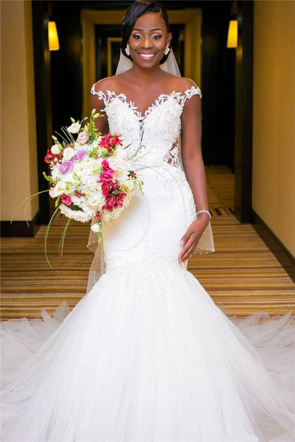 Long Mermaid Off The Shoulder Tulle Appliques Lace Backless Wedding Dresses - YESBABYONLINE