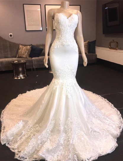 Long Sweetheart Mermaid Lace Tulle Wedding Dresses - YESBABYONLINE
