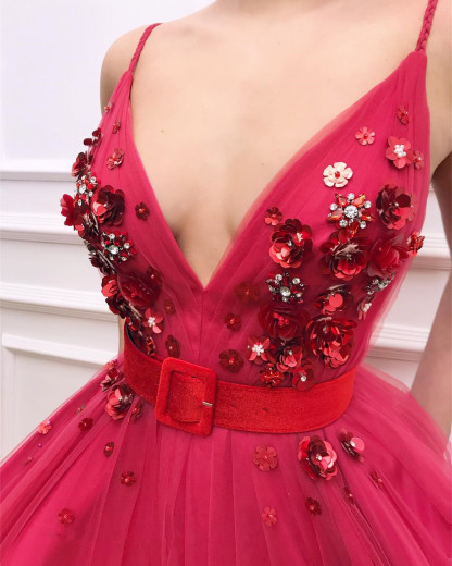 Long A-line Spaghetti Strap V Neck Tulle Formal Prom Dresses - YESBABYONLINE