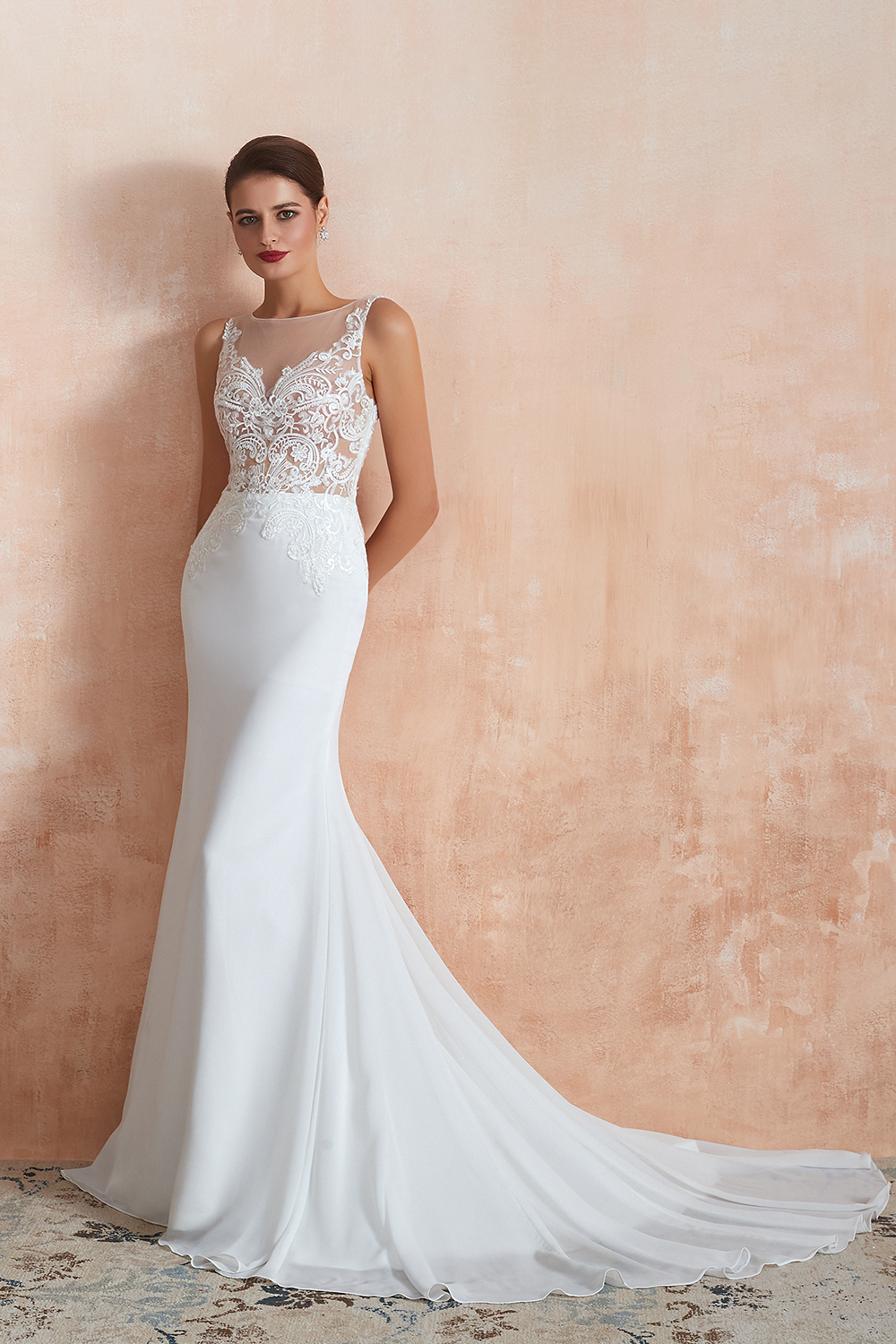 White Long Mermaid Sleeveless Chiffon Lace Wedding Dresses - YESBABYONLINE