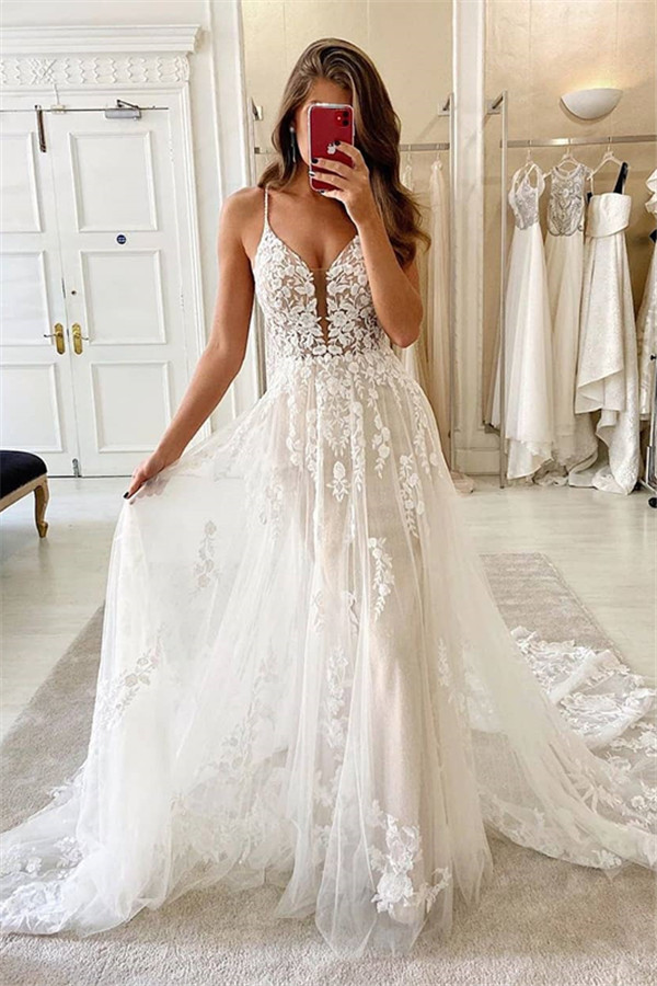 Long Spaghetti Straps V-neck A-line Lace Tulle Wedding Dresses - YESBABYONLINE