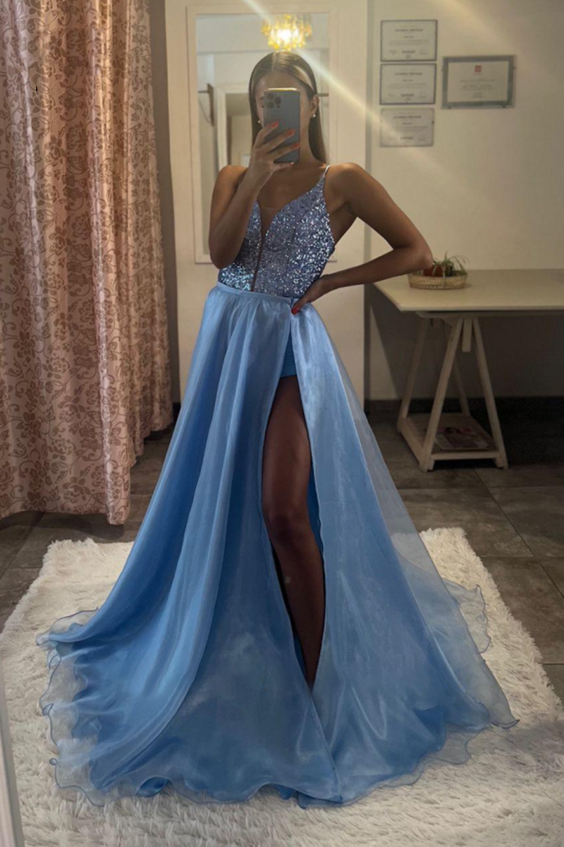 Stunning Long V-Neck Organza Spaghetti Straps A-Line Prom Dresses with Split - YESBABYONLINE