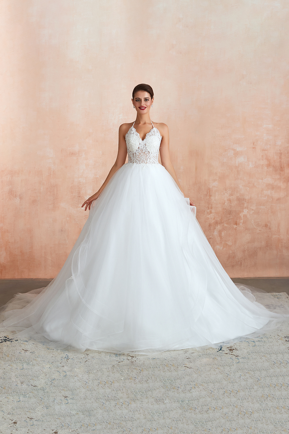 Long Ball Gown Halter Backless Tulle Lace Wedding Dresses - YESBABYONLINE