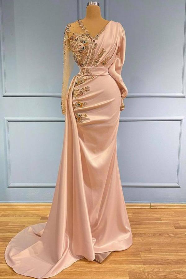 Gorgeous Long Sleeves Mermaid V-neck Satin Prom Dress - YESBABYONLINE